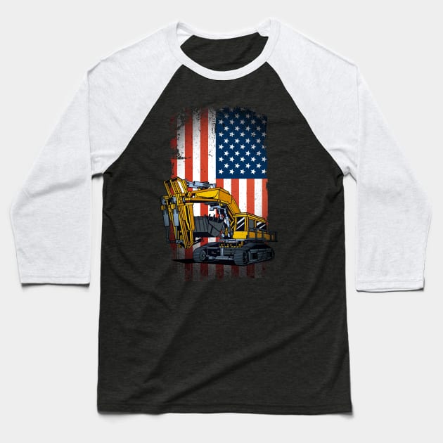Funny Excavator Heavy Machinery US Flag Baseball T-Shirt by MarkusShirts
